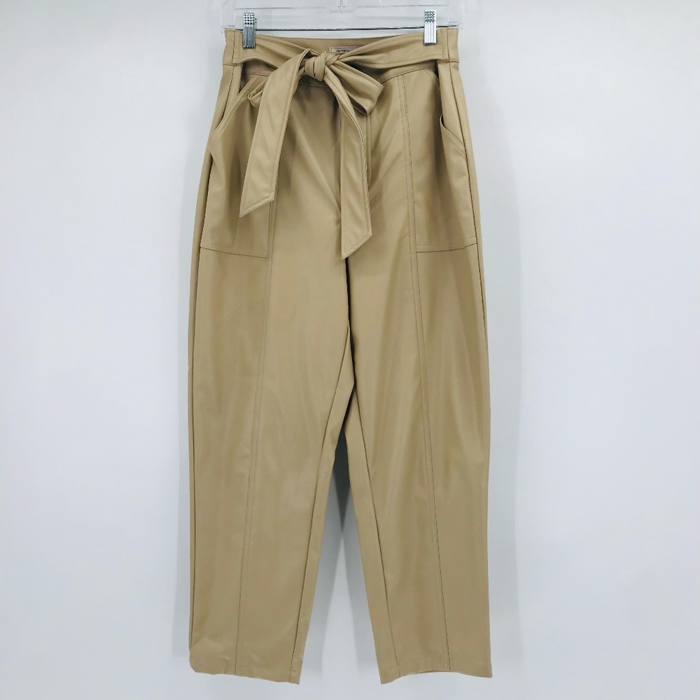 BCBG High Waist Faux Leather Straight Leg Pants Tan Khaki Size Medium
